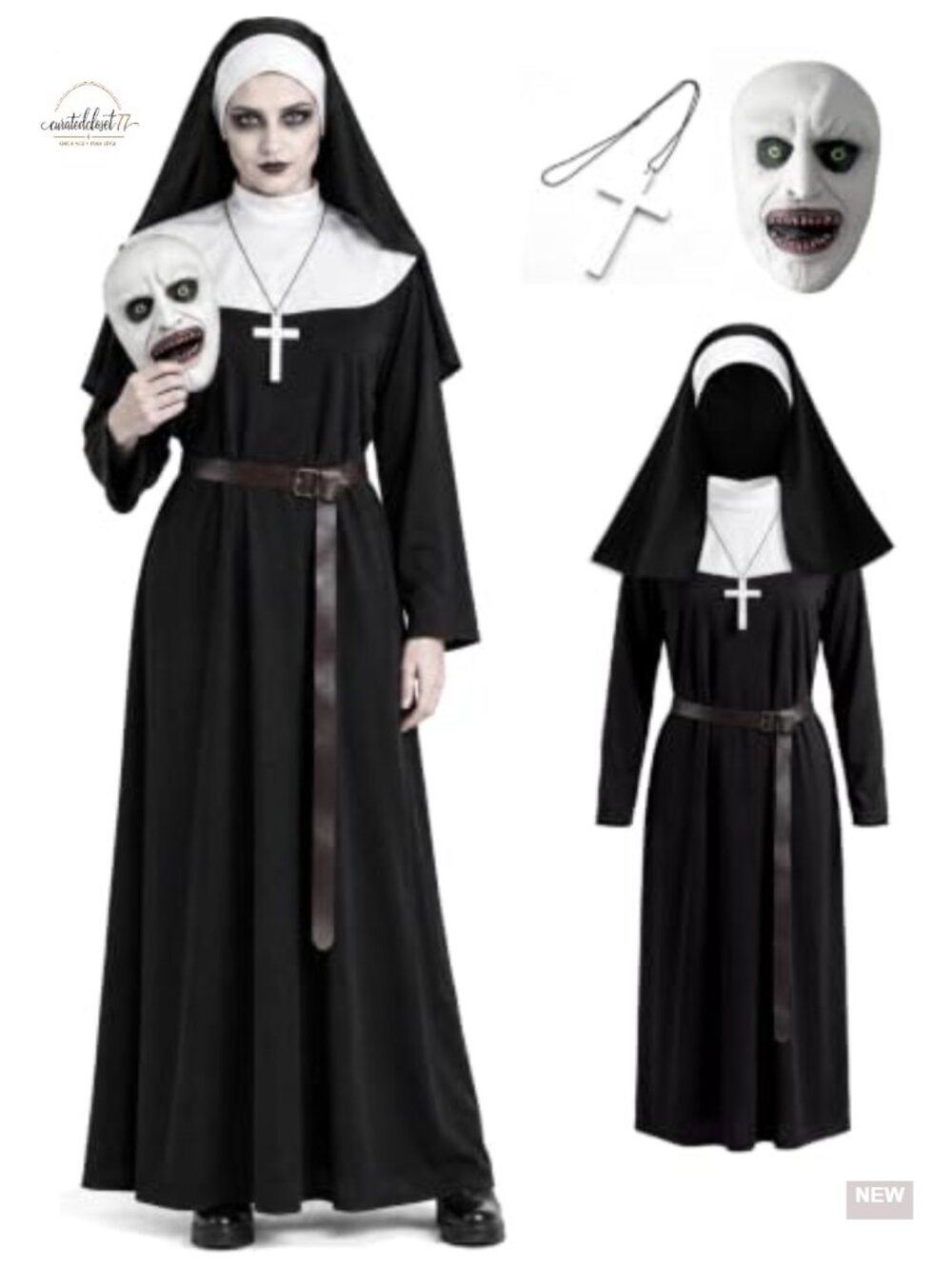 Unisex Scary Nun Halloween Costume Robe Veil Mask Cosplay Set